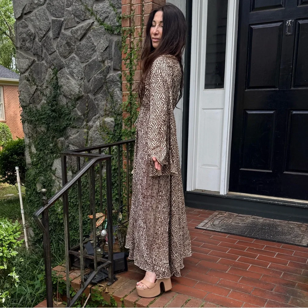 SILK BLEND BOHO Geometric Patterned Brown Maxi Dress - Picture 7 of 8